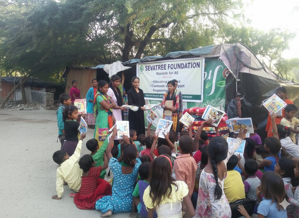 Volunteers helping homeless people in India